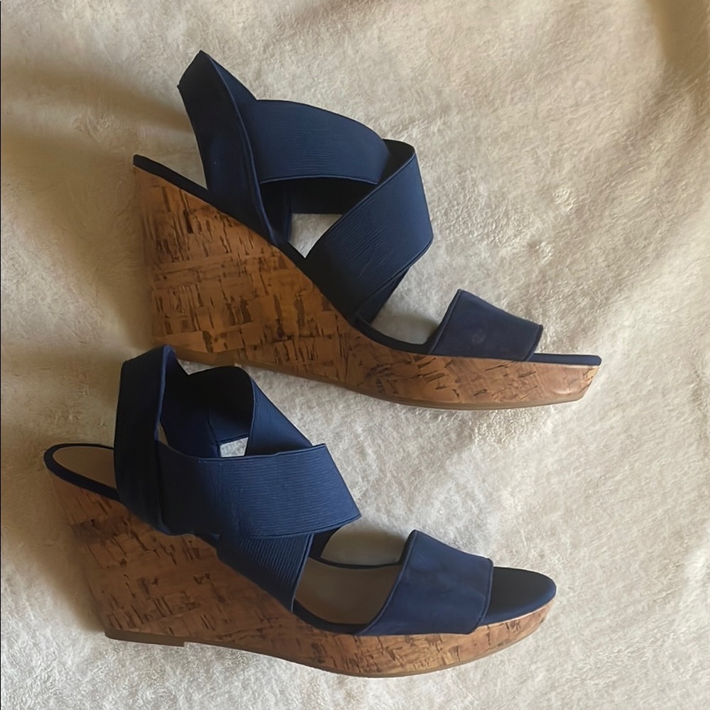 Navy Blue Wedge Sandals with Cork Heel